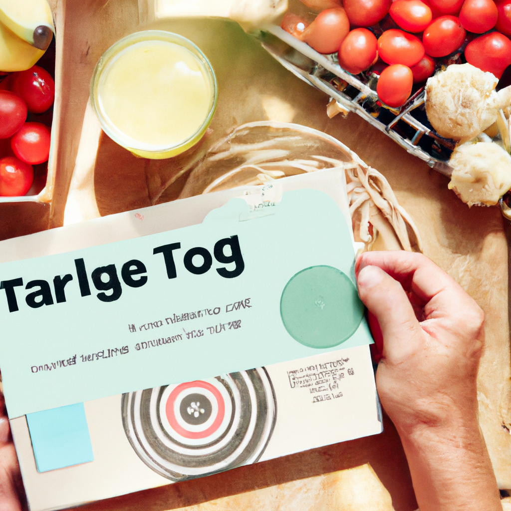 Cropped view of a market box packed with produce and a recipe card