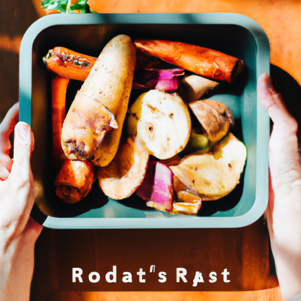 Hands arranging a tray of roasted vegetables